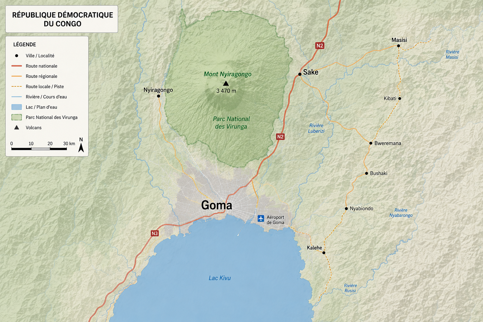 Carte Nord-Kivu - Goma, Nyiragongo, Sake